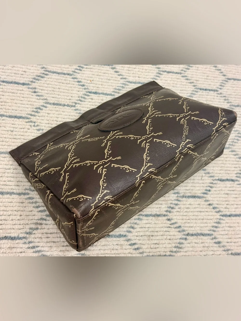 LONGCHAMP Vintage 80’s Unisex Brown Leather Monogram Pouch Clutch Made N France